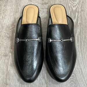 NWOT Rachel Zoe Alani Black Almond Toe Slip On Mule Loafer Silver Toe Accent 8